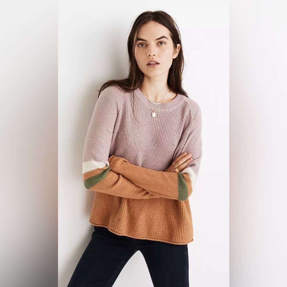 Striped Roll-Trim Waffle Pullover Sweater in Cotton-Merino Yarn